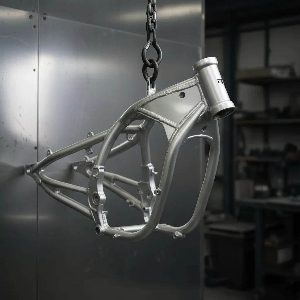 Cadre de moto thermolaqué en finition gris aluminium haute résistance suspendu dans l'atelier COLORS BY CUBIC WORKSHOP